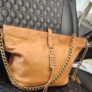Classic Tan Leather Shoulder Bag with Gold Chain